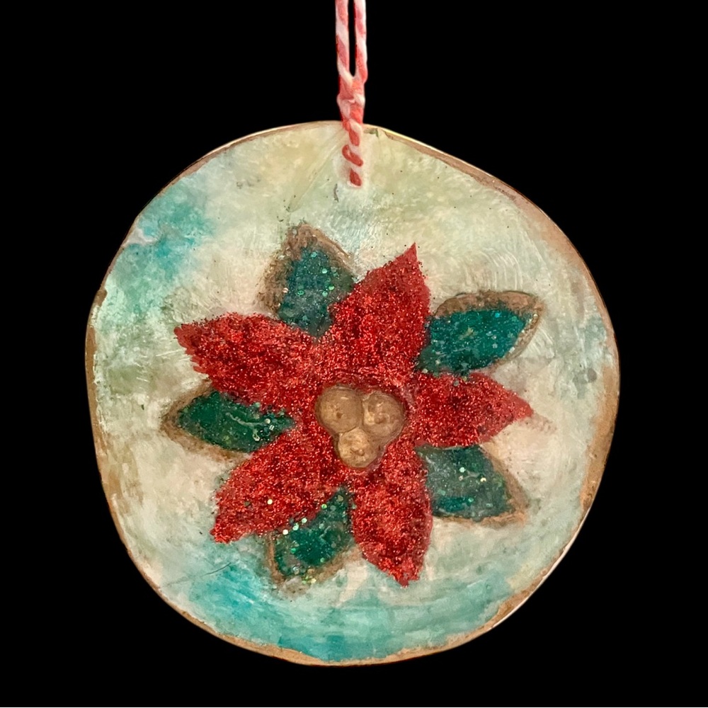 Festive Handmade Capiz Shell Ornament • Glitter Poinsettia • Christmas Decor